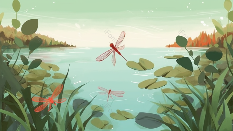 绿色夏天的季节池塘里荷叶蜻蜓插画背景,插画/手绘图,插画/手绘图库,插画/手绘图下载,插画/手绘
